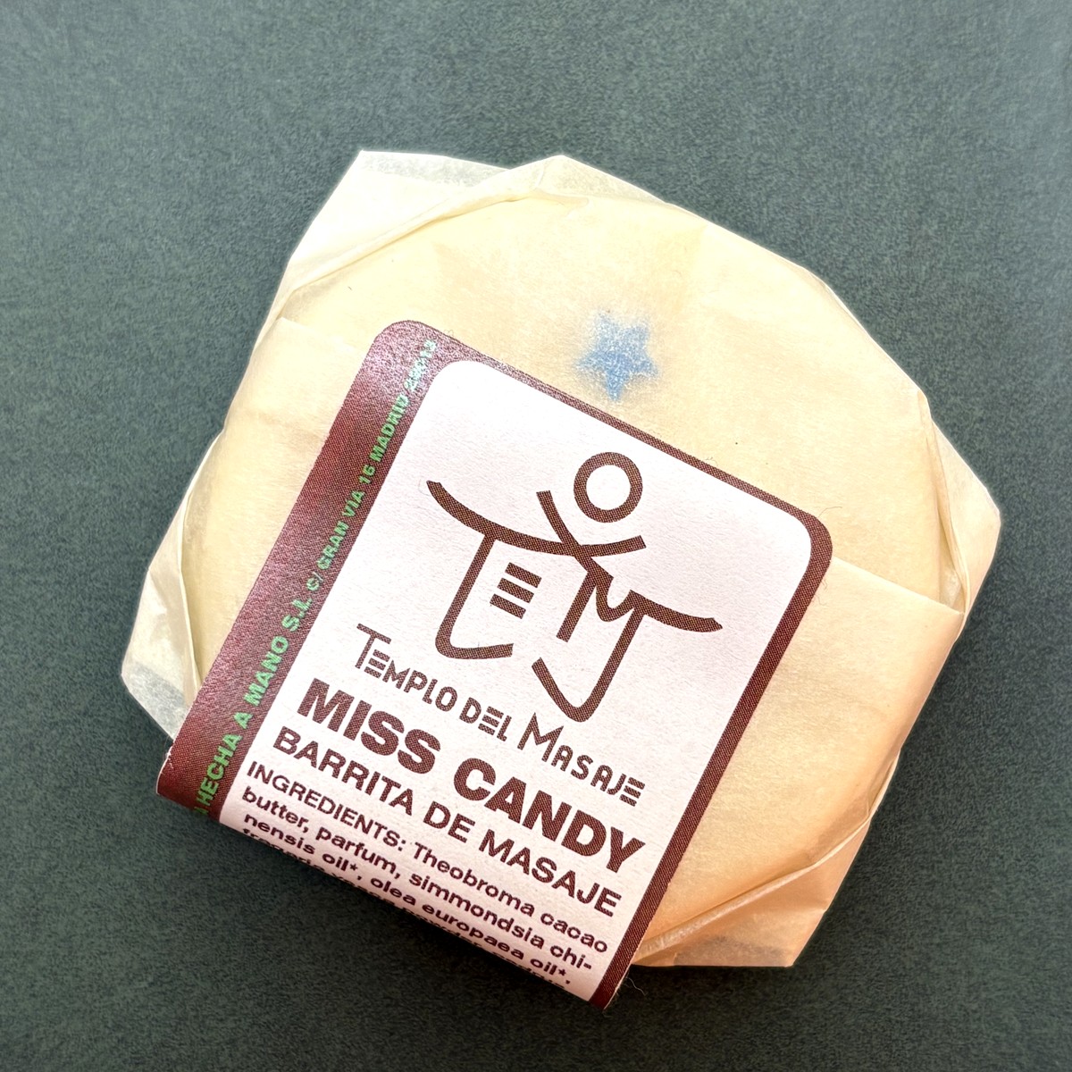 Miss Candy - Barrita de Masaje Barrita de masaje artesana de Templo del Masaje, sólida y envuelta a mano en papel